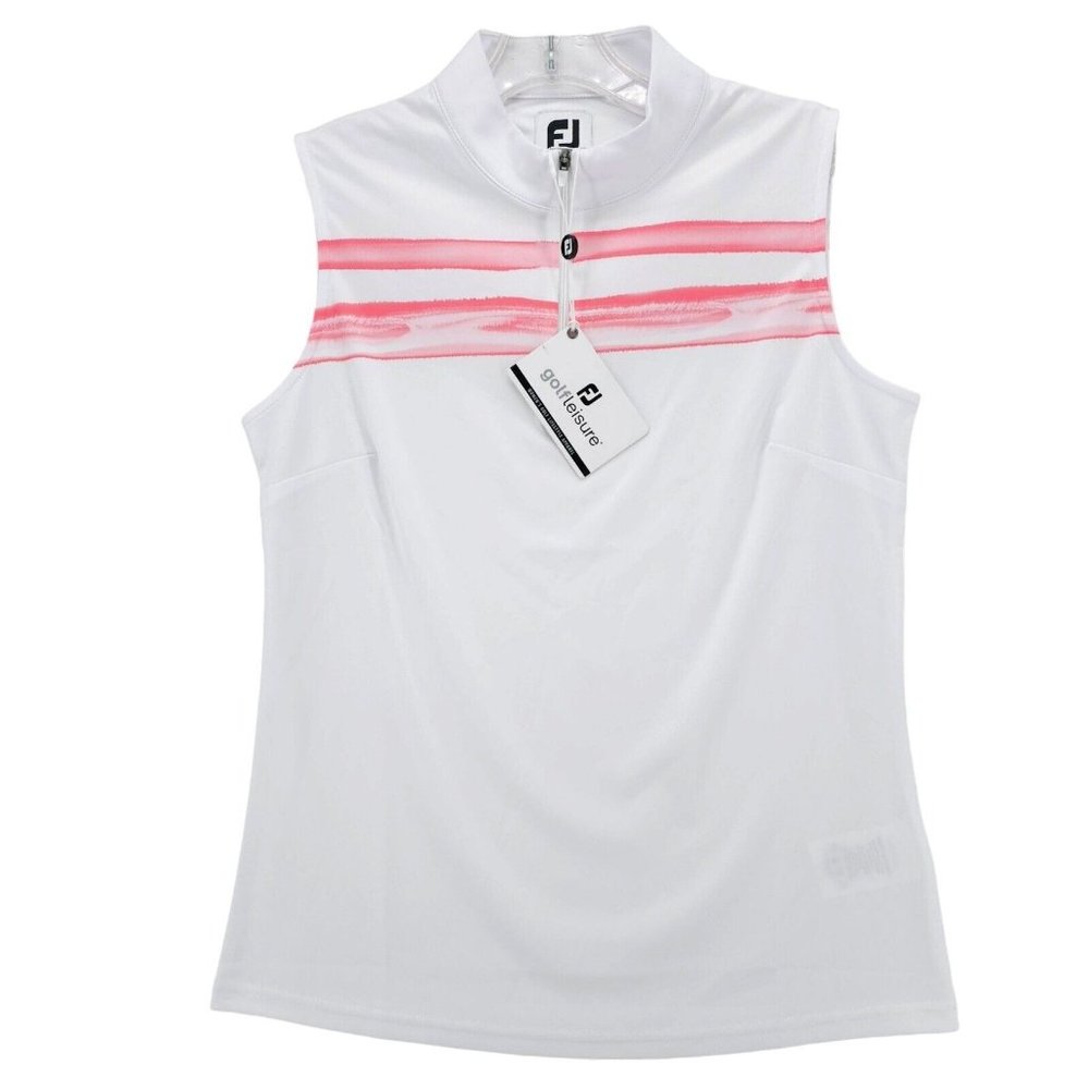 NWT FOOTJOY Womens Sleeveless Polo Shirt 1/4 Zip White Bright Coral Stripe SMALL